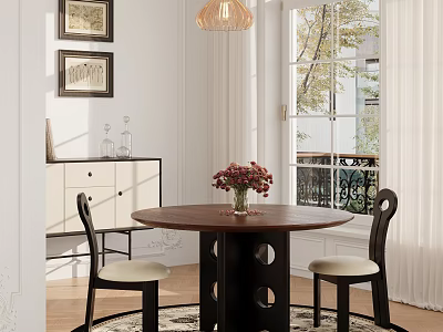 Round Wooden Table And Two Black Chairs with White Cushions and Flower Vase by Window 3d model