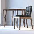 Modern Wooden Dining Table And Chair Set With Round Top And Black Leather Seat