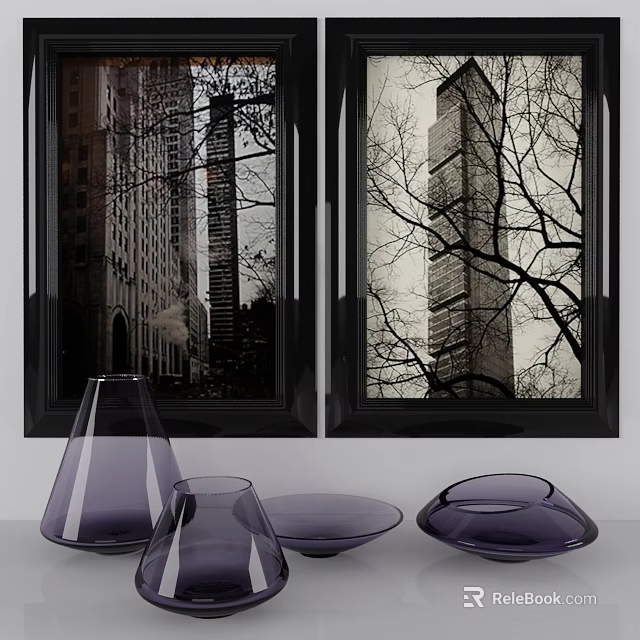 Purple Ceramic Vessels Vase And Plates By Window With City Buildings View 3d model 