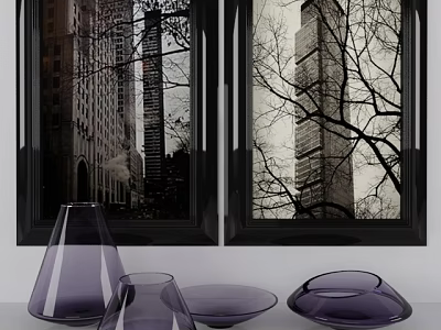 Purple Ceramic Vessels Vase And Plates By Window With City Buildings View 3d model