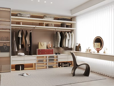 Modern Walk in Closet Interior Design With Hanging Clothes Shelves Drawers Mirror Chair And Rug 3d model