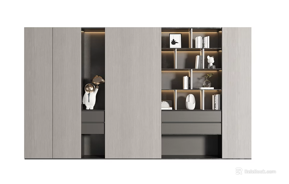 Modern Wooden Bookcase Interior Design With Layered Shelves LED Lighting Decorative Items And Books 3d model 