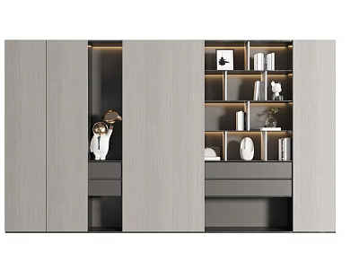 Modern Wooden Bookcase Interior Design With Layered Shelves LED Lighting Decorative Items And Books 3d model