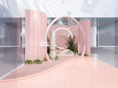 Modern Pink Retail Interior Design With Circular Arch And Green Plants Decor 3d model