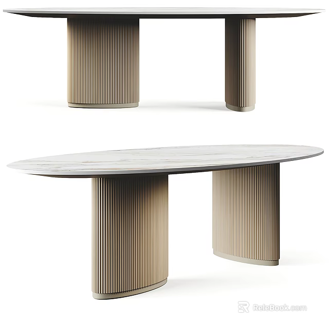 Modern Elegant Dining Table Combination With Oval Marble Top And Fluted Legs 3d model
