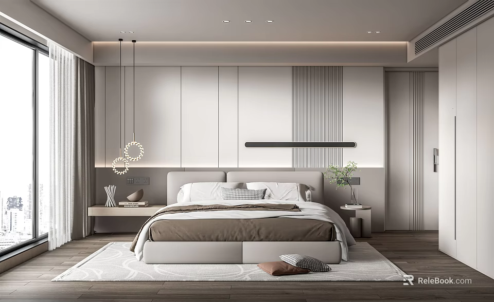 Modern Bedroom Interior Design With Comfortable Bed Stylish Headboard Wall And Pendant Lights 3d model 