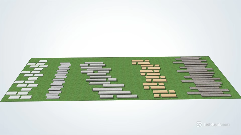 Colorful Stepping Stones Arrangement On Green Garden Lawn With Diverse Materials 3d model 