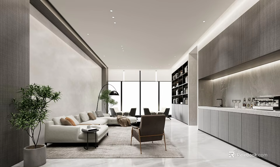 Modern Public Office Space Interior With Sofa Armchairs Bookshelf Plants And Large Windows 3d model 