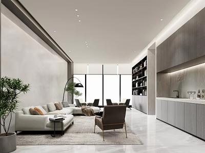 Modern Public Office Space Interior With Sofa Armchairs Bookshelf Plants And Large Windows 3d model