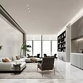 Modern Public Office Space Interior With Sofa Armchairs Bookshelf Plants And Large Windows