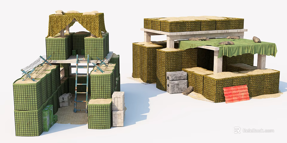 Reinforced Military Weapon Storage Bunkers With Sandbags Crates Ladders And Tarps 3d model