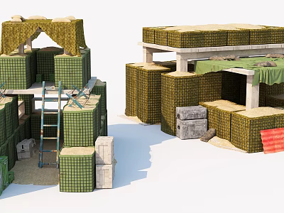 Reinforced Military Weapon Storage Bunkers With Sandbags Crates Ladders And Tarps 3d model