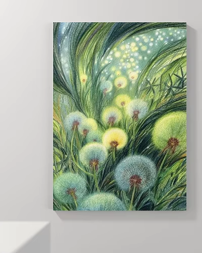 Vibrant Botanical Painting Featuring Colorful Dandelions Yellow Blue Blooms Among Green Grass And Foliage 3d model