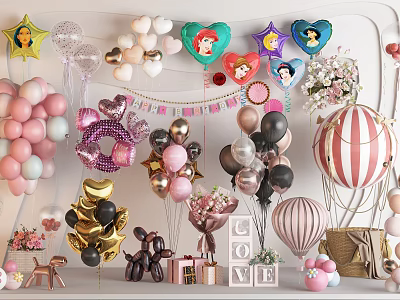 Colorful Balloon Decorations With Heart Star Shaped Bouquets And LOVE Letters 3d model
