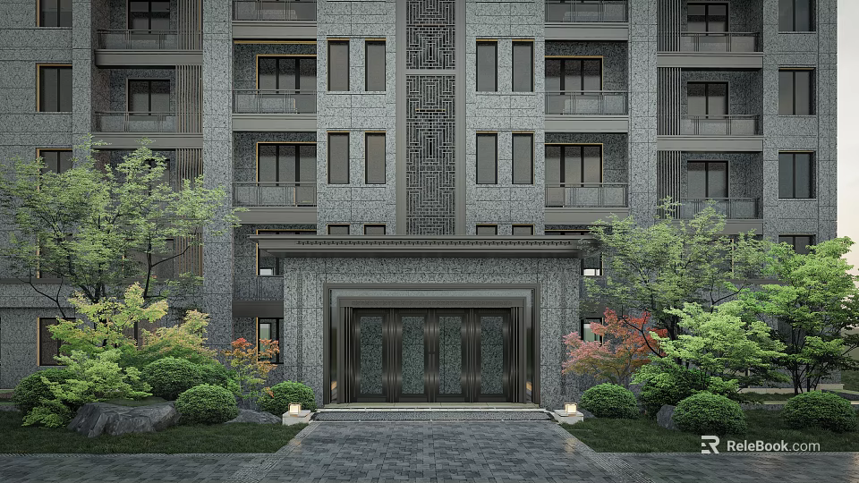 Chinese Style Entrance Gate Of Multi Story Building With Stone Cladding And Greenery 3d model 
