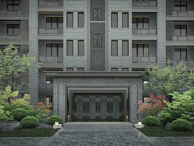 Chinese Style Entrance Gate Of Multi Story Building With Stone Cladding And Greenery 3d model