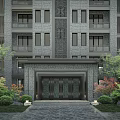 Chinese Style Entrance Gate Of Multi Story Building With Stone Cladding And Greenery
