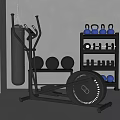 Home Gym Fitness Equipment Elliptical Trainer Punching Bag Exercise Balls Kettlebells Dumbbells On Black Shelf