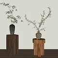 Minimalist Ceramic Vases With Bamboo And Plum Blossoms On Wooden Stands Interior Decor