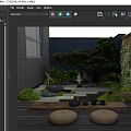 Tranquil Courtyard Garden Featuring Pine Tree Stone Pathway And Tea Set With Cushions On Deck