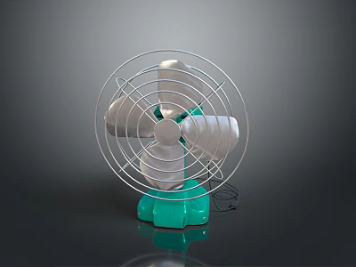 Silver Bladed Electric Fan With Green Base And Metal Guard On Dark Background 3d model