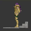 Purple Haired Fantasy Character In Decorated Golden Armor Standing On Gray Steps With Green Pants