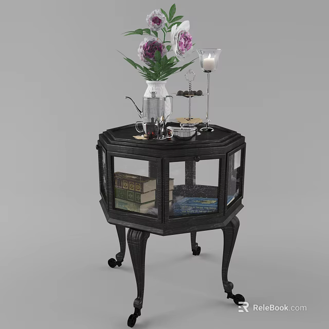 Dark Wood Octagonal Entryway Side Cabinet With Glass Door Wheels Books Vase And Candle 3d model 