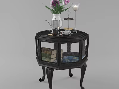 Dark Wood Octagonal Entryway Side Cabinet With Glass Door Wheels Books Vase And Candle 3d model