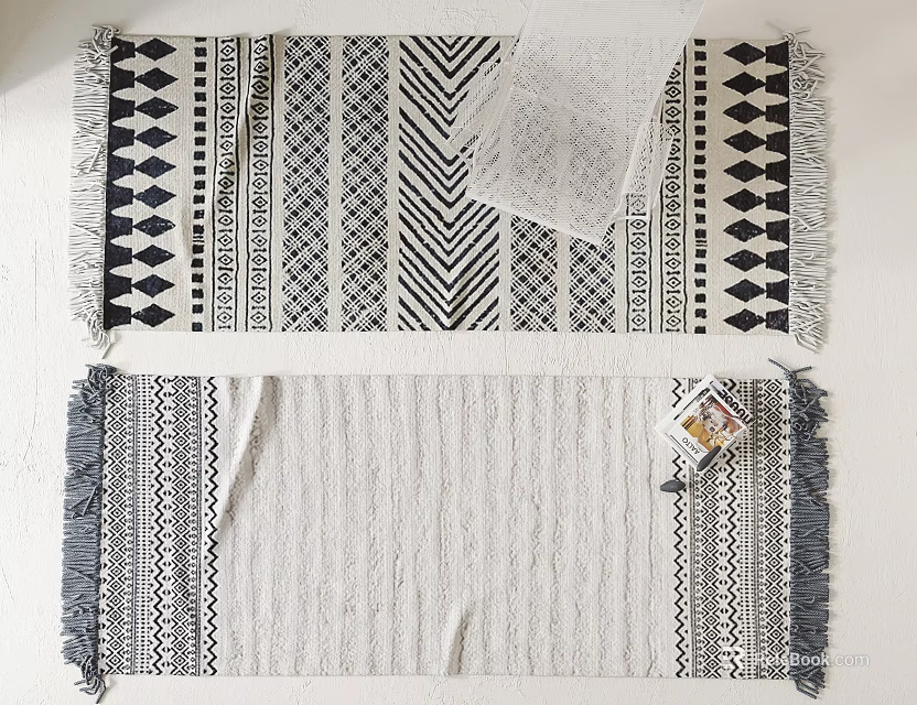 Modern Square Rug With Black White Geometric Patterns Tassel Edges And Woven Texture Decor 3d model 