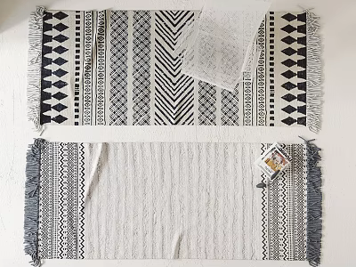 Modern Square Rug With Black White Geometric Patterns Tassel Edges And Woven Texture Decor 3d model