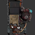 Steampunk Mechanical Cart With Metal Structure Pipes Wheels And Colorful Bottles
