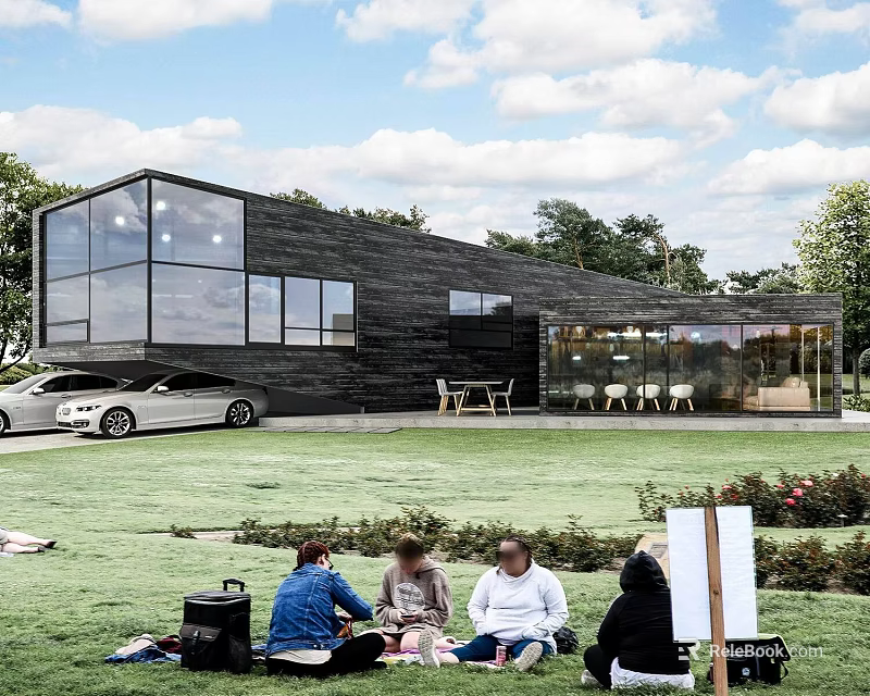 Modern Detached Villa With Black Facade Large Glass Windows And Grass Lawn 3d model 