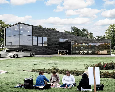 Modern Detached Villa With Black Facade Large Glass Windows And Grass Lawn 3d model