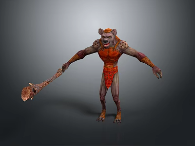 Fierce Ape Like Monster Character With Orange Red Armor And Skull Weapon In 3d model