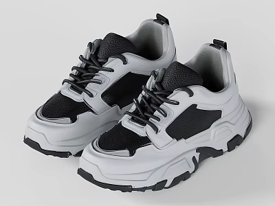 Black And White Chunky Sole Lace Up Stylish Casual Sneakers For Daily Wear 3d model