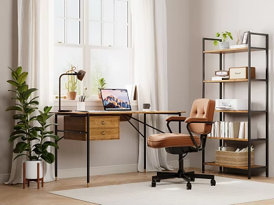 Home Office Interior With Wooden Desk Laptop Table Lamp Green Plants Bookshelf And Leather Chair 3d model