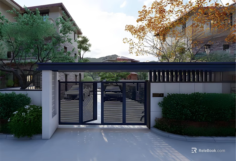 Elegant Entrance Gate With Black Metal Lattice Design Dark Canopy White Walls And Green Shrubs 3d model 