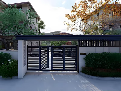 Elegant Entrance Gate With Black Metal Lattice Design Dark Canopy White Walls And Green Shrubs 3d model