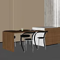 Modern Wooden Table With Metal Frame Chairs In Room Interior With Curtains And Window