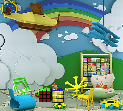 Modern Children Chair Kindergarten Airplane Clouds Rainbow Chair Combination 3d model