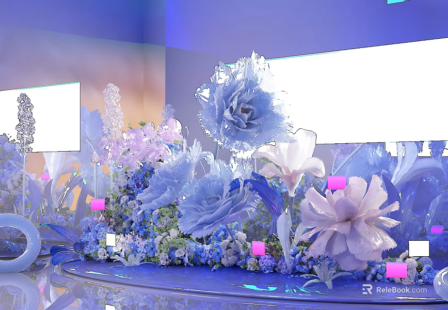 Dreamy Floral Decoration Setup With Blue Pink Flowers And Illuminated Backdrop 3d model 