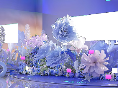 Dreamy Floral Decoration Setup With Blue Pink Flowers And Illuminated Backdrop 3d model