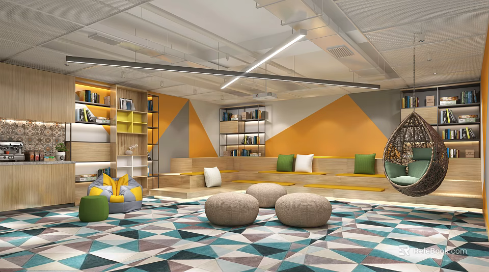 Modern Break Room Interior With Colorful Walls Bookshelves Hanging Chair And Geometric Carpet 3d model 