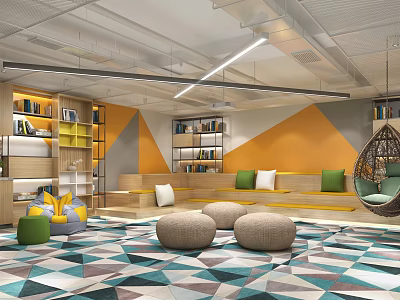 Modern Break Room Interior With Colorful Walls Bookshelves Hanging Chair And Geometric Carpet 3d model