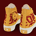 Yellow High Top Canvas Shoes With Red Logo And White Sole Design