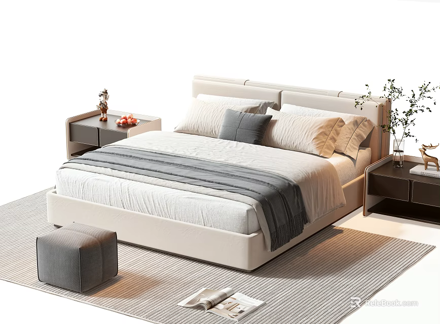 Modern Double Bed With Beige Headboard Gray Pillows Bedside Tables And Striped Rug 3d model 
