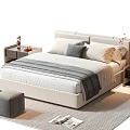 Modern Double Bed With Beige Headboard Gray Pillows Bedside Tables And Striped Rug