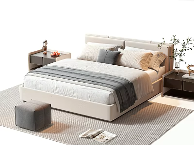 Modern Double Bed With Beige Headboard Gray Pillows Bedside Tables And Striped Rug 3d model