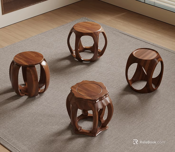 Four Wooden Stools with Unique Hollowed-out Leg Design on Gray Carpet and Wooden Floor Background 3d model 