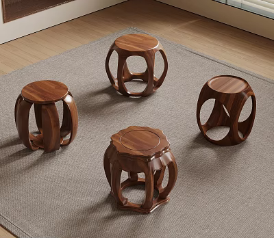 Four Wooden Stools with Unique Hollowed-out Leg Design on Gray Carpet and Wooden Floor Background 3d model